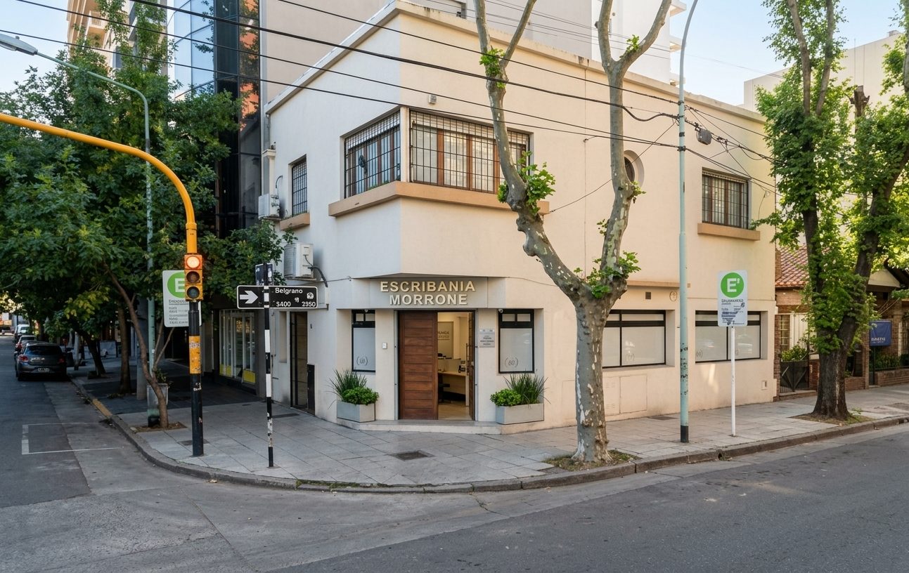 Frente de la escribanía en Belgrano 3391, con el cartel Escribanía Morrone sobre la puerta de entrada